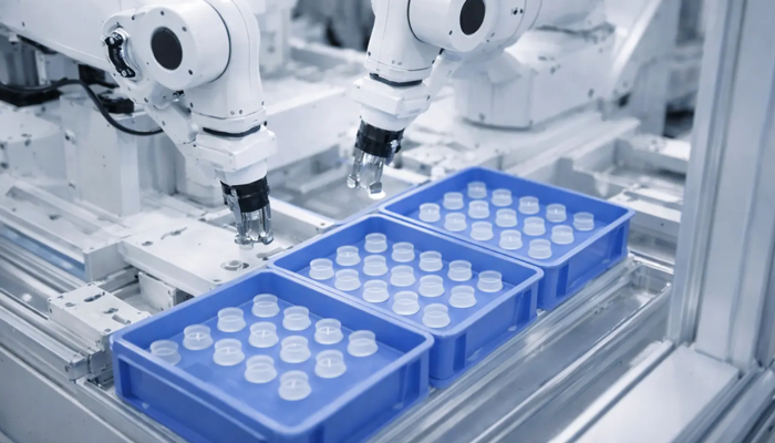White robotic arms in a cleanroom place simple, uniform silicone components into neatly organized blue trays, illustrating automated high-volume LSR production.