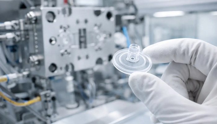 A gloved hand holds a small transparent LSR component with fine details in front of blurred cleanroom molding equipment, highlighting precision manufacturing for medical and life science applications.