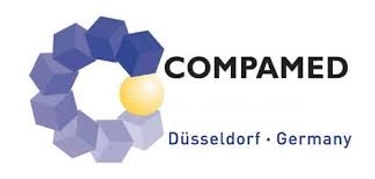 COMPAMED logo: Circle of purple 3D blocks with a yellow sphere, text "Düsseldorf • Germany" below.