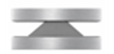 Two parallel gray rectangular bars with a dark gray trapezoidal block positioned between them.