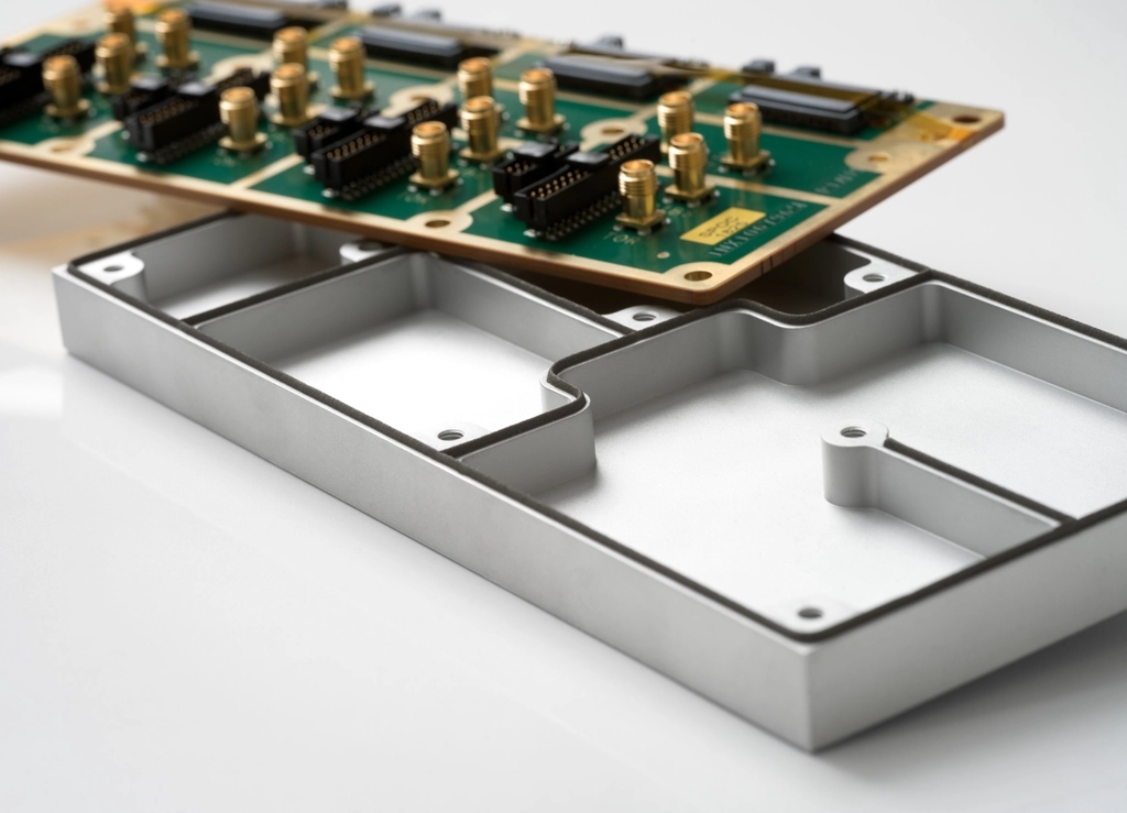Green circuit board with numerous gold connectors and black components angled above an open silver metal enclosure with a black gasket.