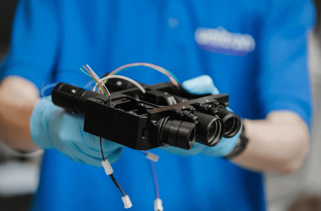 Hands in blue gloves hold a black optical device under assembly, showing two lenses and exposed colorful wires.